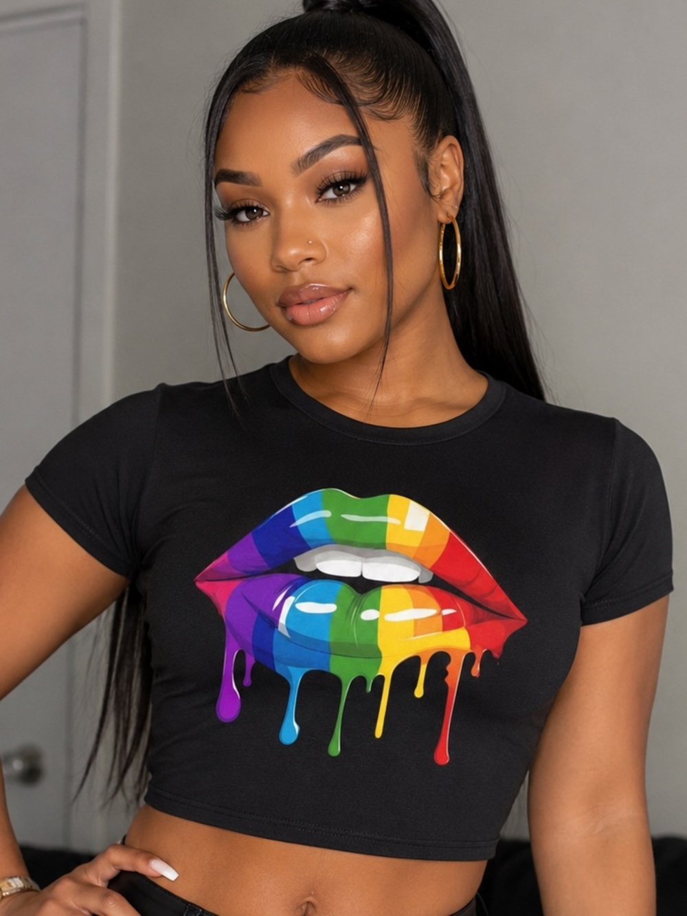 Rainbow Printed Lips Round Neck Top